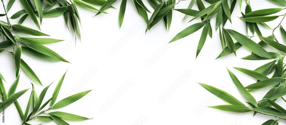 Naklejka premium Close up top view of bamboo leaves isolated against a white background A green leaf pattern texture with a clipping path and copyspace