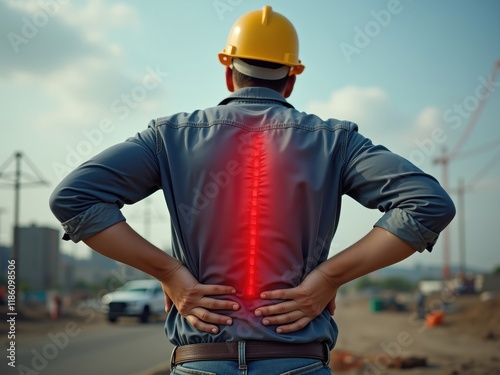 Construction worker experiencing back pain at a job site during the day