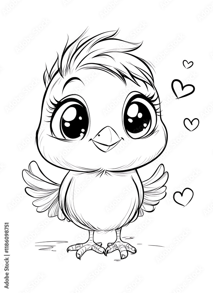 Fototapeta premium Valentine's Day coloring page with a cute bird smiling and surrounded by hearts