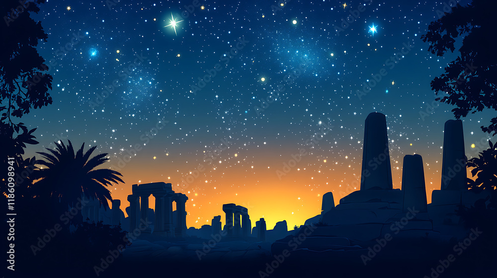 Fototapeta premium A serene night sky filled with stars over ancient ruins and silhouettes of trees.