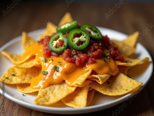Loaded nachos topped with salsa and jalapenos served on a white plate
