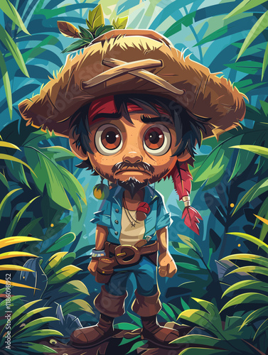 Pirate with a hat and a gun in the jungle illustration.
