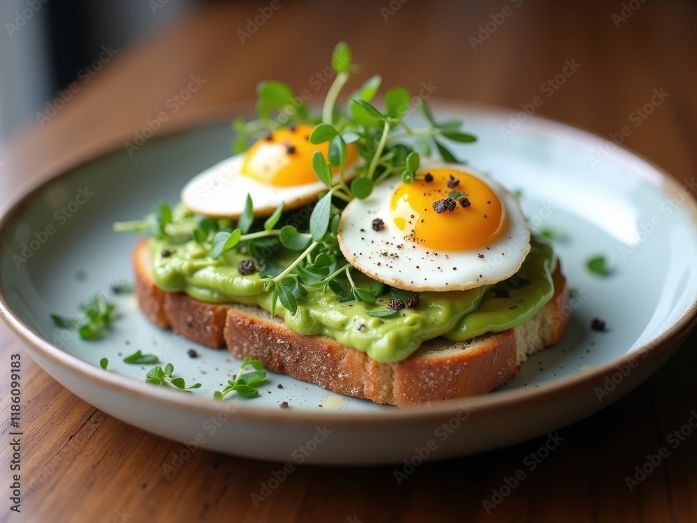 Elegant avocado toast served with poached eggs garnished with herbs on a wooden table Elegant avocado toast served with poached eggs garnished with herbs on a wooden table