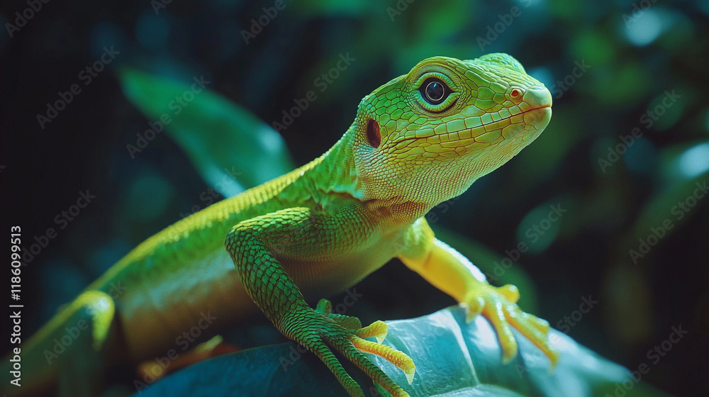 Fototapeta premium Close-up portrait of beautiful ocellated lizard with yellow scales. Wild reptile basking on rocky surface, macro photography