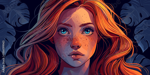 Portrait of a beautiful red-haired girl with long hair. Vector illustration.