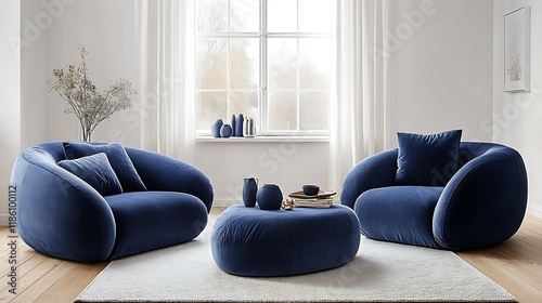 Modern blue velvet sofas, coffee table, living room, bright window. Home decor, interior design photo