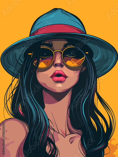 Portrait of a beautiful girl in a hat and sunglasses. Vector illustration.