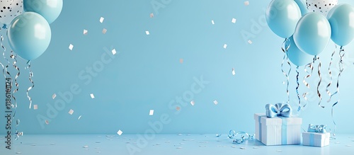 Birthday party decoration background featuring balloons gift boxes streamers and confetti with trendy light blue table copy space above photo