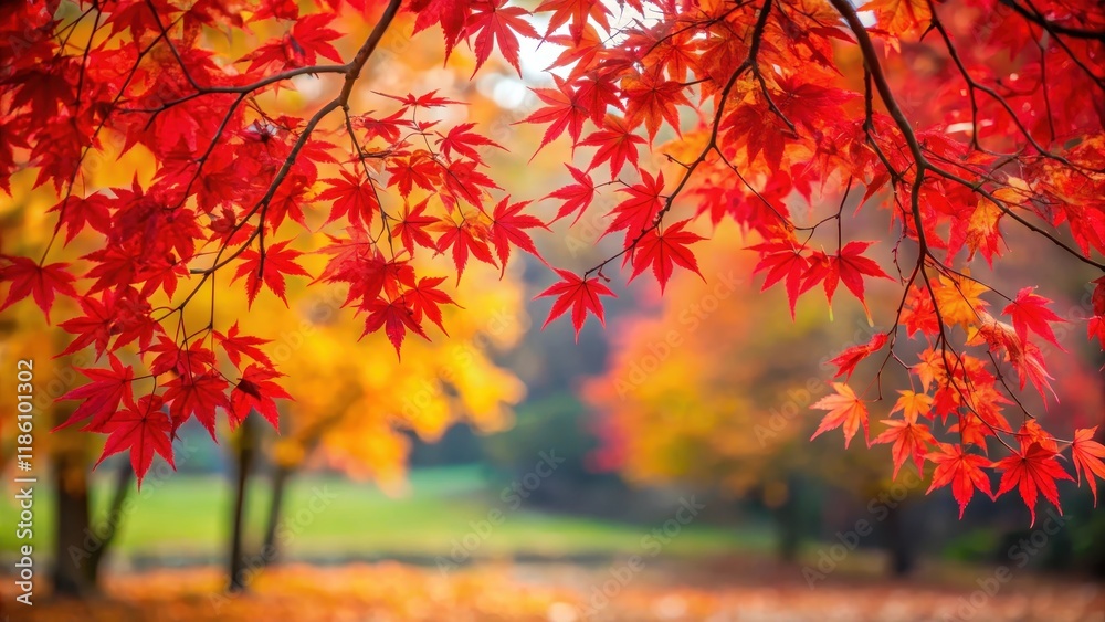 Red maple leaves scattered on branches of deciduous tree in autumn garden landscape, deciduous tree, leaf scattering Red maple leaves scattered on branches of deciduous tree in autumn garden landscape, deciduous tree, leaf scattering