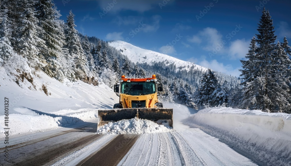 snow plow clearing a mountain road after heavy snowfall snow plow clearing a mountain road after heavy snowfall
