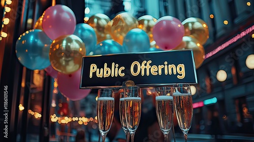 A successful IPO launch celebration with balloons, champagne glasses, and a 