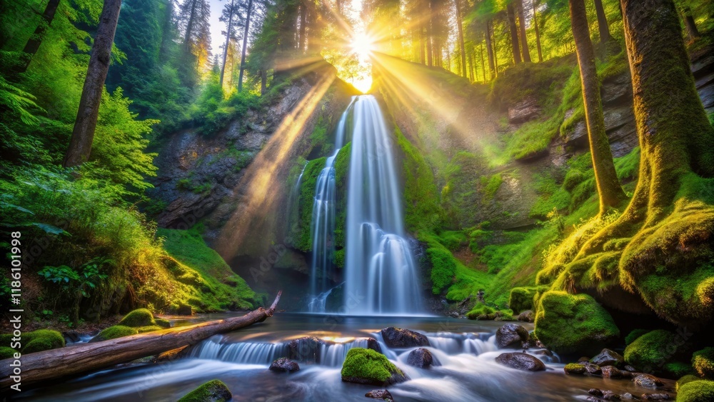 Fototapeta premium Washington's Olympic National Park showcases Marymere Falls' beauty; stunning bokeh photography.