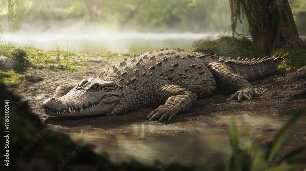 Fototapeta premium Crocodile basking on the banks of a muddy river, its rough, scaly skin blending with the environment.