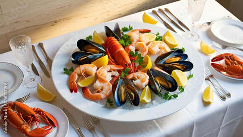 An elegant seafood platter featuring a variety of delicacies like mussels, clams, scallops, and king prawns, artfully arranged with dipping sauces and fresh herbs on a silver tray. photo