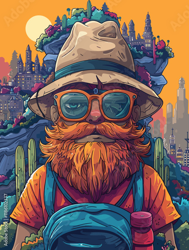 Hipster traveler with hat, sunglasses and backpack. Vector illustration