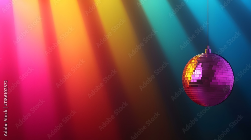 Obraz premium A pink disco ball hangs against a vibrant, colorful backdrop of blurred rainbow light beams.