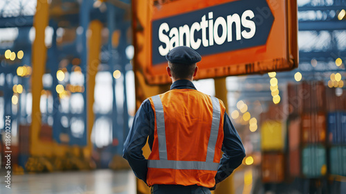 Customs officer in safety vest observing sanctions sign at port