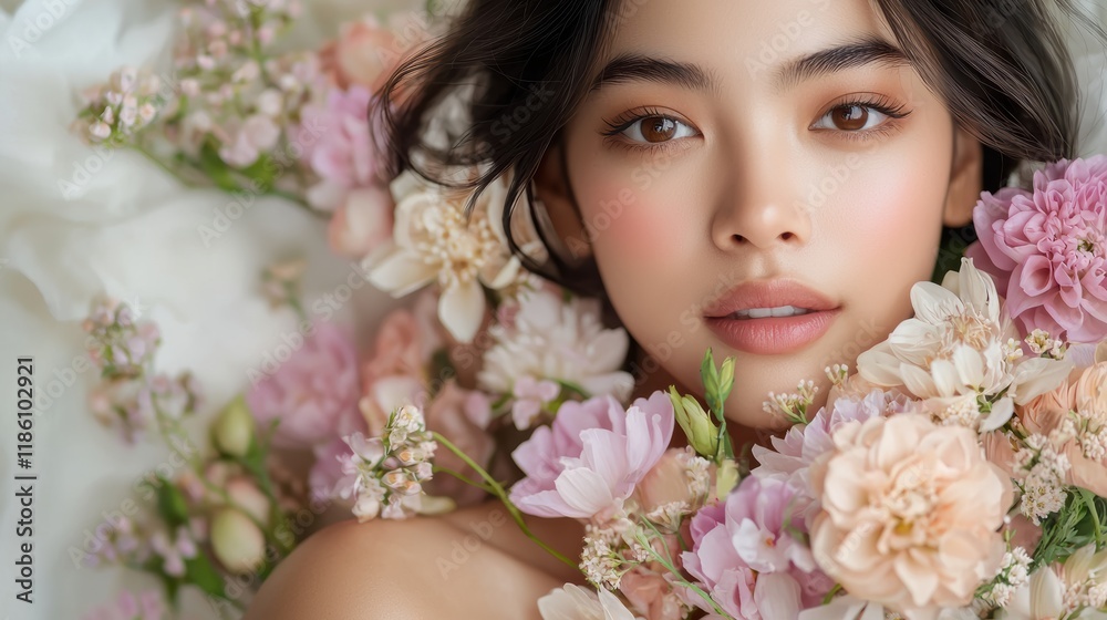 Serene Beauty: A Woman Surrounded by Pastel Flowers Serene Beauty: A Woman Surrounded by Pastel Flowers