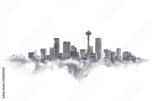 A dystopian cityscape with towering buildings, isolated on a clear background photo