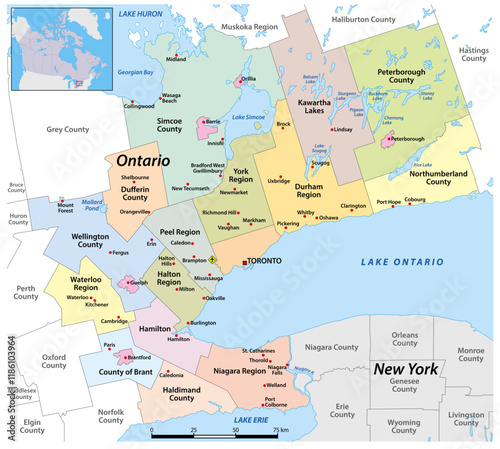 Administrative Map of the Golden Horseshoe metropolitan area, Ontario, Canada