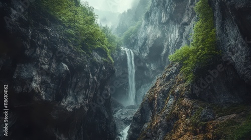 Majestic Waterfall Plunging Through a Mist-Shrouded Canyon