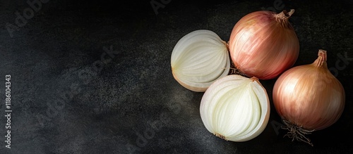 Fresh onion bulbs on a blac...