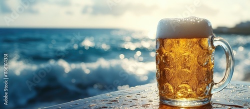 A mug of beer with froth an...