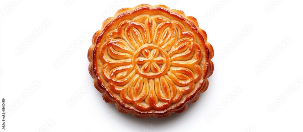 Close up top view of a traditional moon cake cutout piece isolated against a white background Round pastry moon cake for the Vietnamese and Chinese mid autumn festival Food concept with clipping pa Close up top view of a traditional moon cake cutout piece isolated against a white background Round pastry moon cake for the Vietnamese and Chinese mid autumn festival Food concept with clipping pa