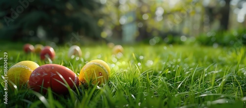 Easter eggs on the grass wi...