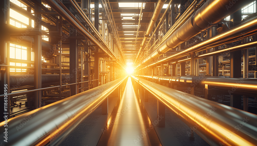 Sunlit industrial metal pipes in a factory setting at golden hour Sunlit industrial metal pipes in a factory setting at golden hour