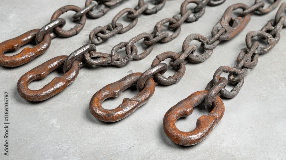 Fototapeta premium Heavy-duty chains and hooks used in construction, isolated on a steel-grey gradient background.