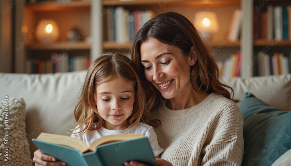 Joyful mother and daughter reading together in cozy living room, connection