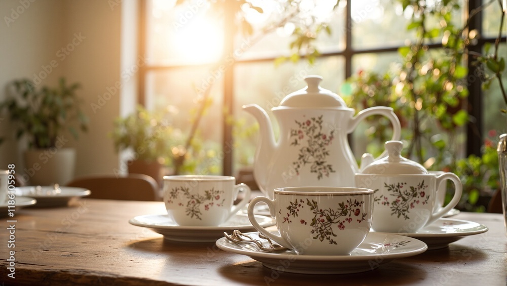Elegant tea set on wooden table in sunlit dining room with golden light porcelain cups teapot green plants outside Elegant tea set on wooden table in sunlit dining room with golden light porcelain cups teapot green plants outside