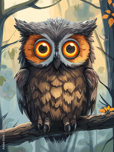 Owl sitting on a branch in the forest. Vector illustration.