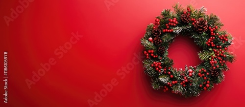 Christmas arrangement Handmade wreath on a red backdrop Flat lay top view copyspace square Advent or Christmas wreath against a red background photo