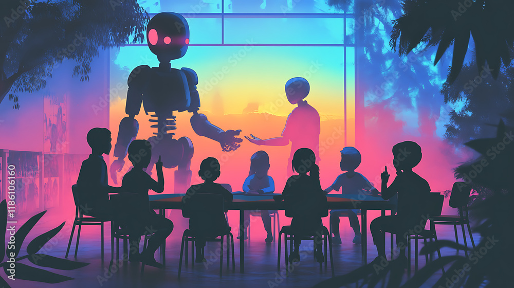 A group of children interacts with a humanoid robot in a colorful, futuristic setting.