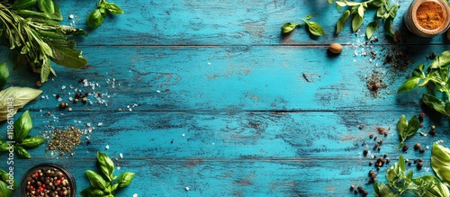 Herbs and spices on a blue ...