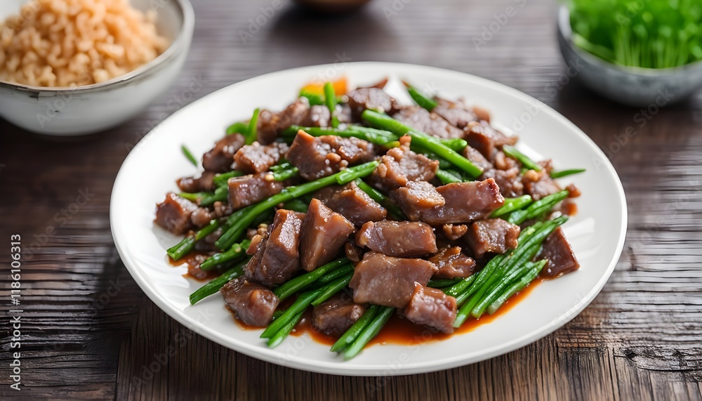Stir fried Chinese chives with pork liver and minced pork in white plate on wooden table background. Asia Food
Stir fried Chinese chives with pork liver and minced pork in white plate on wooden table background. Asia Food