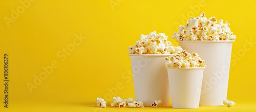 large medium and small buckets of popcorn on yellow cinema theme. with copy space image. Place for adding text or design