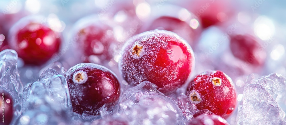 Frozen red berries Cranberries in ice Macro view Copy space Frozen red berries Cranberries in ice Macro view Copy space