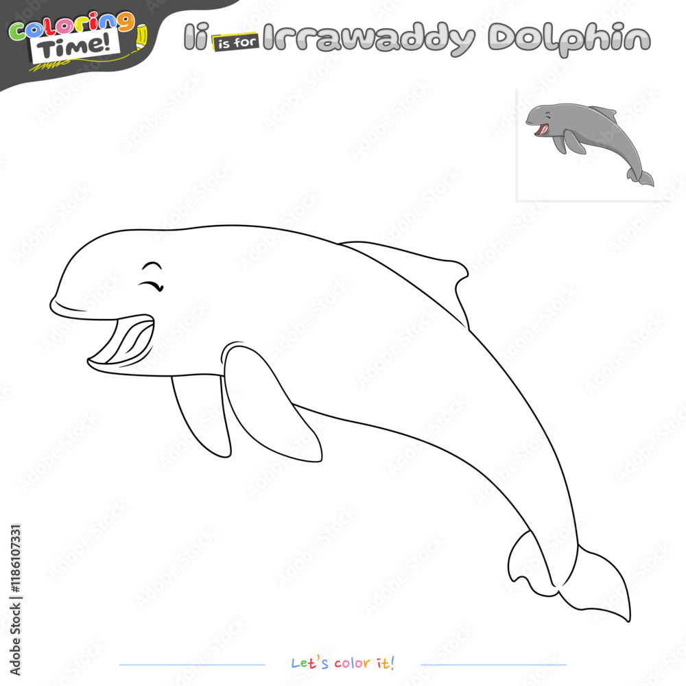 Fototapeta premium Coloring pages and learning the alphabet with Irrawaddy Dolphin