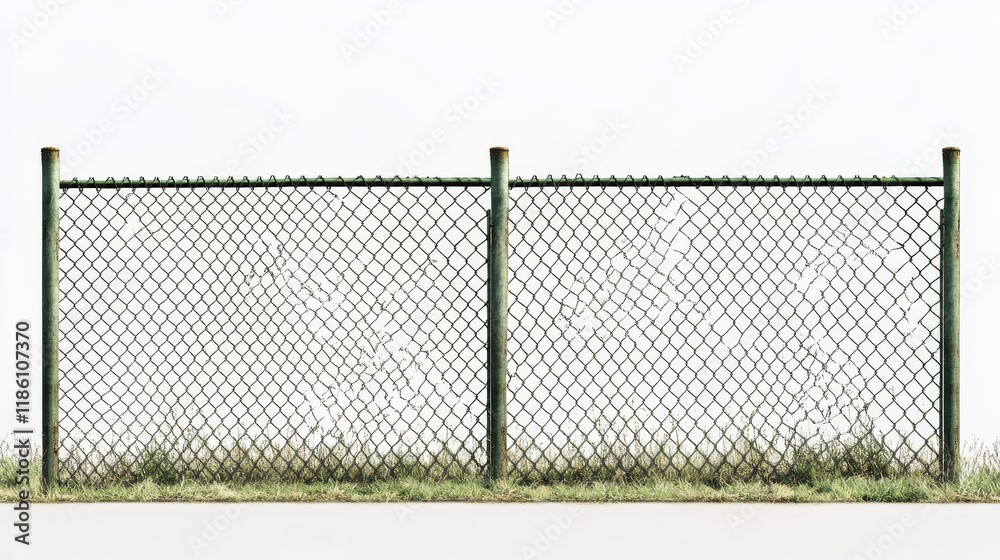 Wire fence with gates on green grass. Metal chain link mesh, barrier isolated on white background. Rabitz, perimeter protection segments separated with poles, Realistic 3d vector illustration Wire fence with gates on green grass. Metal chain link mesh, barrier isolated on white background. Rabitz, perimeter protection segments separated with poles, Realistic 3d vector illustration