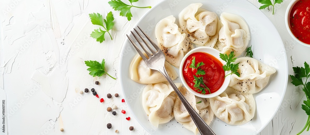 Traditional Russian dumplings ravioli and dumplings arranged on a white plate with red sauce and parsley A fork is inserted into one of the dumplings White background Top view Copy space Traditional Russian dumplings ravioli and dumplings arranged on a white plate with red sauce and parsley A fork is inserted into one of the dumplings White background Top view Copy space