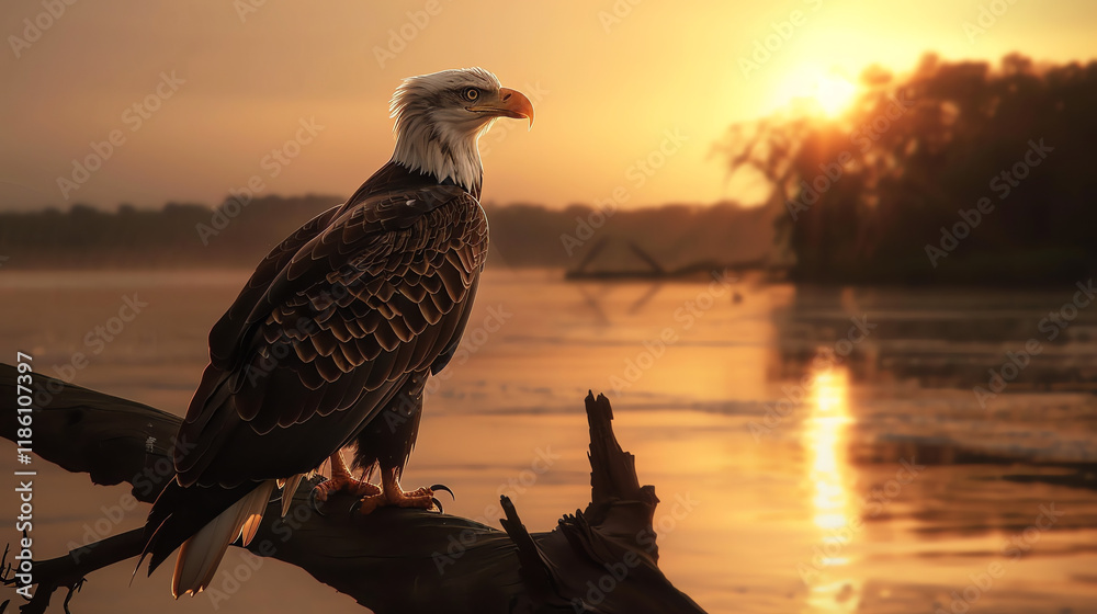 Fototapeta premium Eagle in front of calm lake at sunset