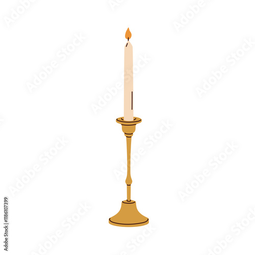 Candlestick with tall taper candle. Golden candleholder, lit wax pillar, festive light decoration in classic style. Brass chamberstick decor. Flat vector illustration isolated on white background