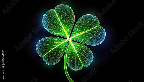 colorful glowing neon green four leaf clover, dark background photo
