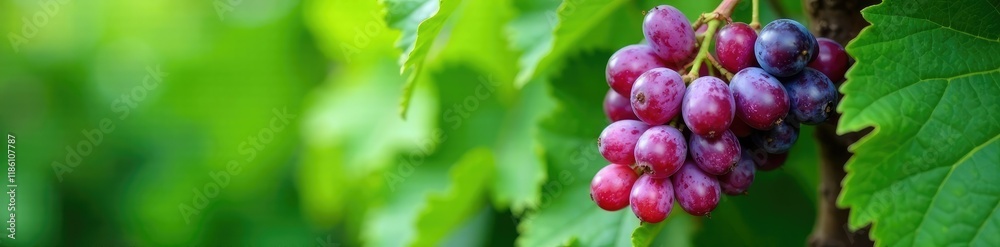 A bunch of purple grapes nestled among lush green leaves, bunch, summer A bunch of purple grapes nestled among lush green leaves, bunch, summer