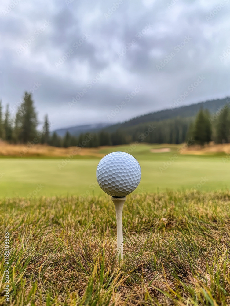 Close-up of golf ball on a tee on a golf course Close-up of golf ball on a tee on a golf course