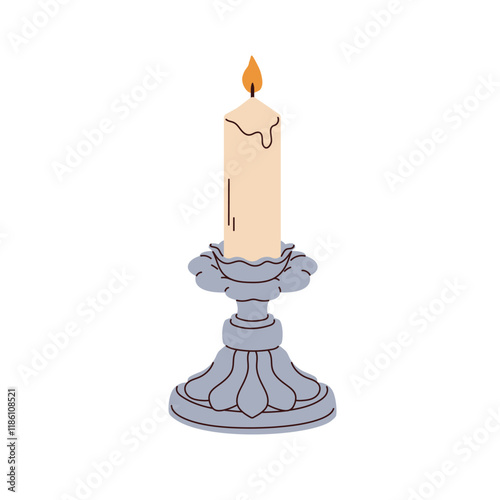 Candle in vintage holder. Retro style metal candleholder. Elegant silver candlestick with glowing wax taper, lit flame. Old light decor. Flat vector illustration isolated on white background