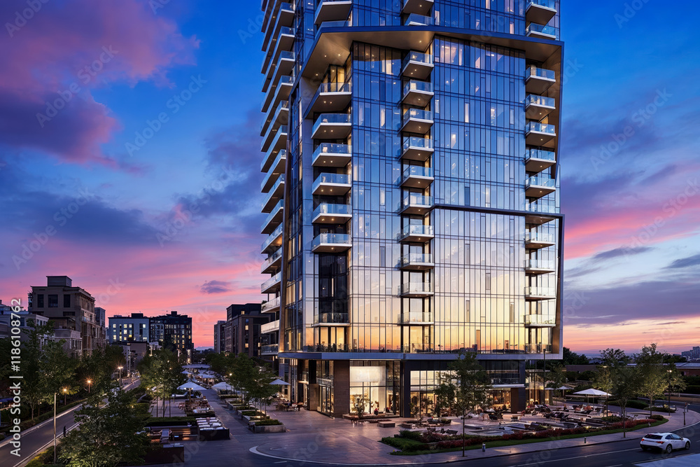 Fototapeta premium Apartment Building at Sunset with Glass Facade and Outdoor Spaces